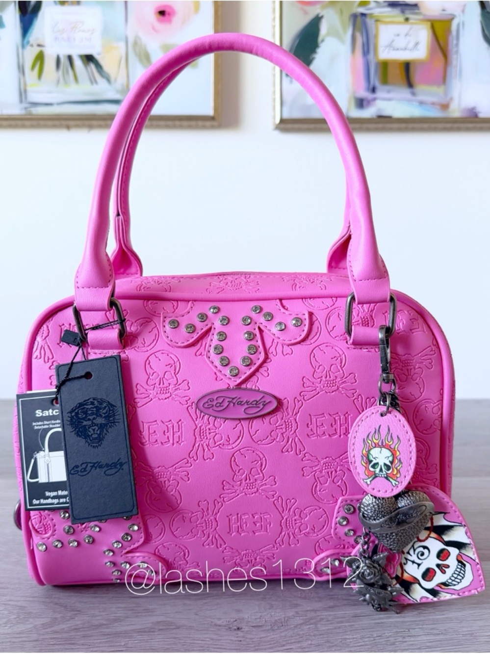 ED HARDY Pink Barrel Crossbody Satchel w/ Crystal Accents